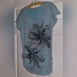 ROBIN'S NEST SS TEAL BLUE SCOOPNECK FLORAL BLOUSE MEDIUM